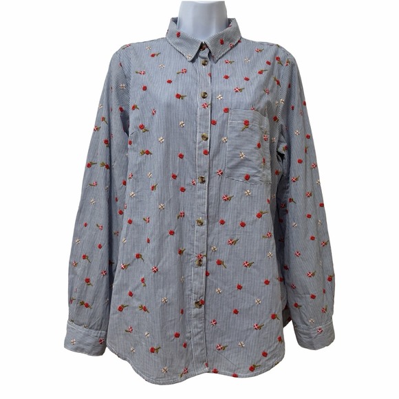 Maeve Tops - Anthropologie Maeve Embroidered Floral Stripe Button Up Shirt Size 14 Blue White